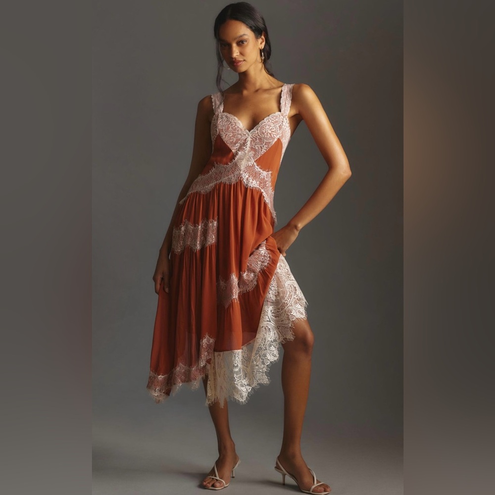 $210 Retail Anthropologie Sleeveless Asymmetrical Lace Midi Dress Sz 8 NWOT